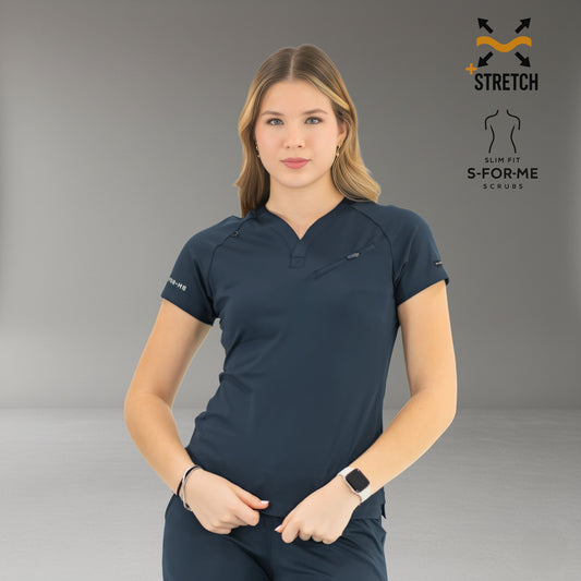 Women’s 905 navy blue super stretch scrub top front view with slim fit