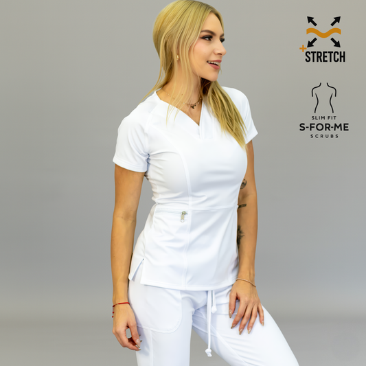 white scrub top