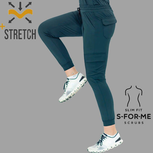Women’s Airforce Blue scrub pants in motion showing flexible super stretch fabric and slim jogger fit