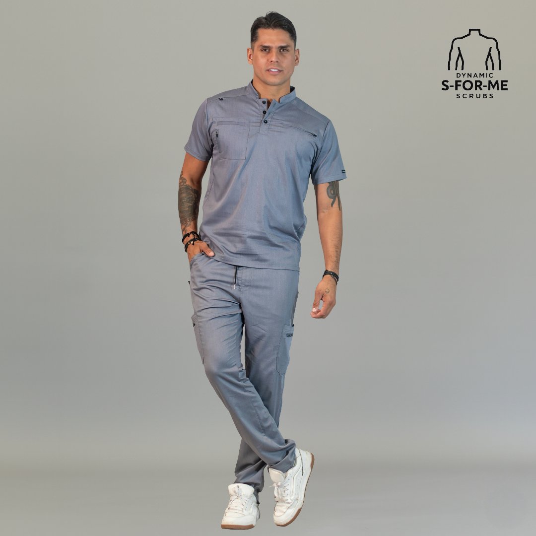 Full look of men’s Heather Gray scrub top and matching scrub pants
