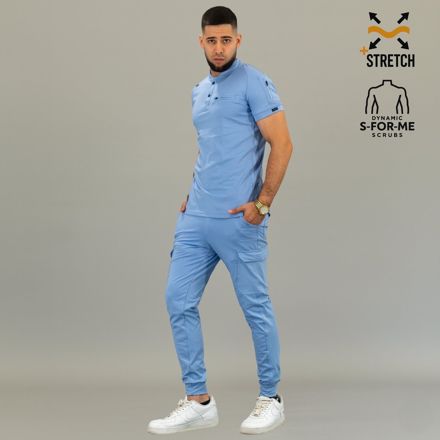 Men’s Sky Blue Super Stretch scrub top lifestyle view