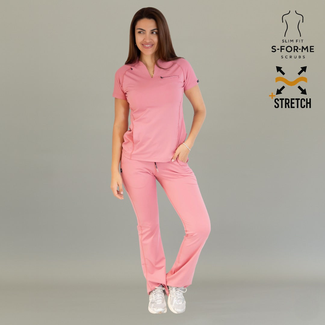 Full-body view of Women’s 915 Mauve Rose scrub top with matching scrub pants and white sneakers