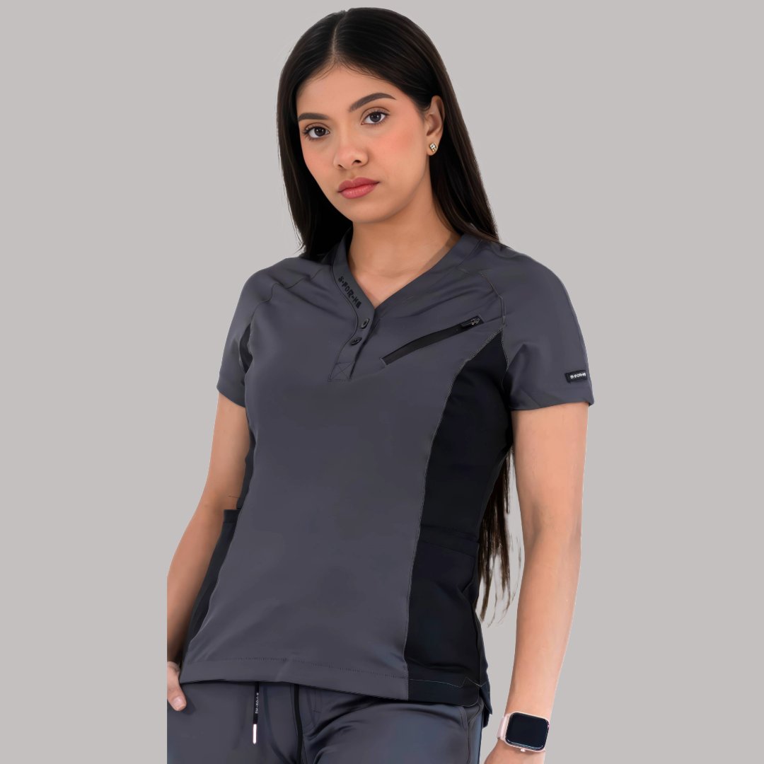 Women's Top 905 Oxford Gray/Black, Super Stretch Scrubs – S-FOR-ME
