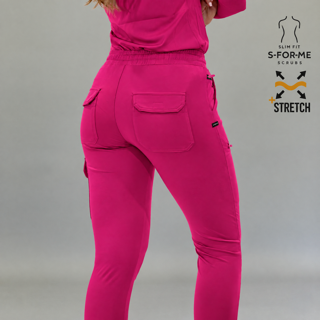 Back view of women's Style 905 fuchsia jogger scrub pants with rear flap pocket