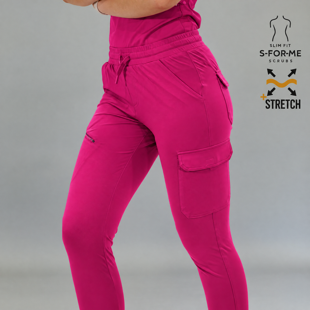 Side close-up of fuchsia Style 905 jogger scrub pants with cargo flap and zippered pocket