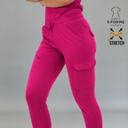 Side close-up of fuchsia Style 905 jogger scrub pants with cargo flap and zippered pocket