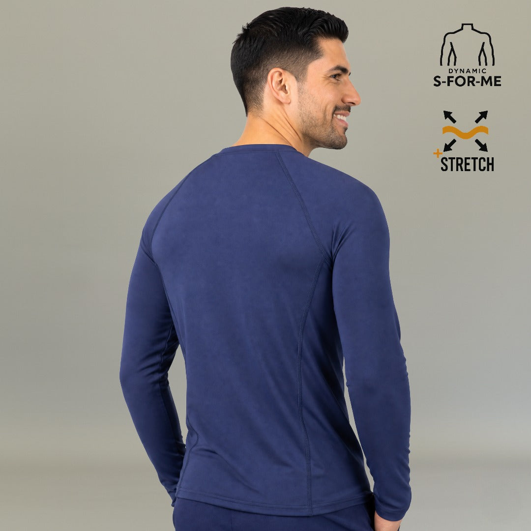 Back view of men's navy long sleeve underscrub Super Stretch showing raglan sleeves and flat seams — S-FOR-ME medical base layer
