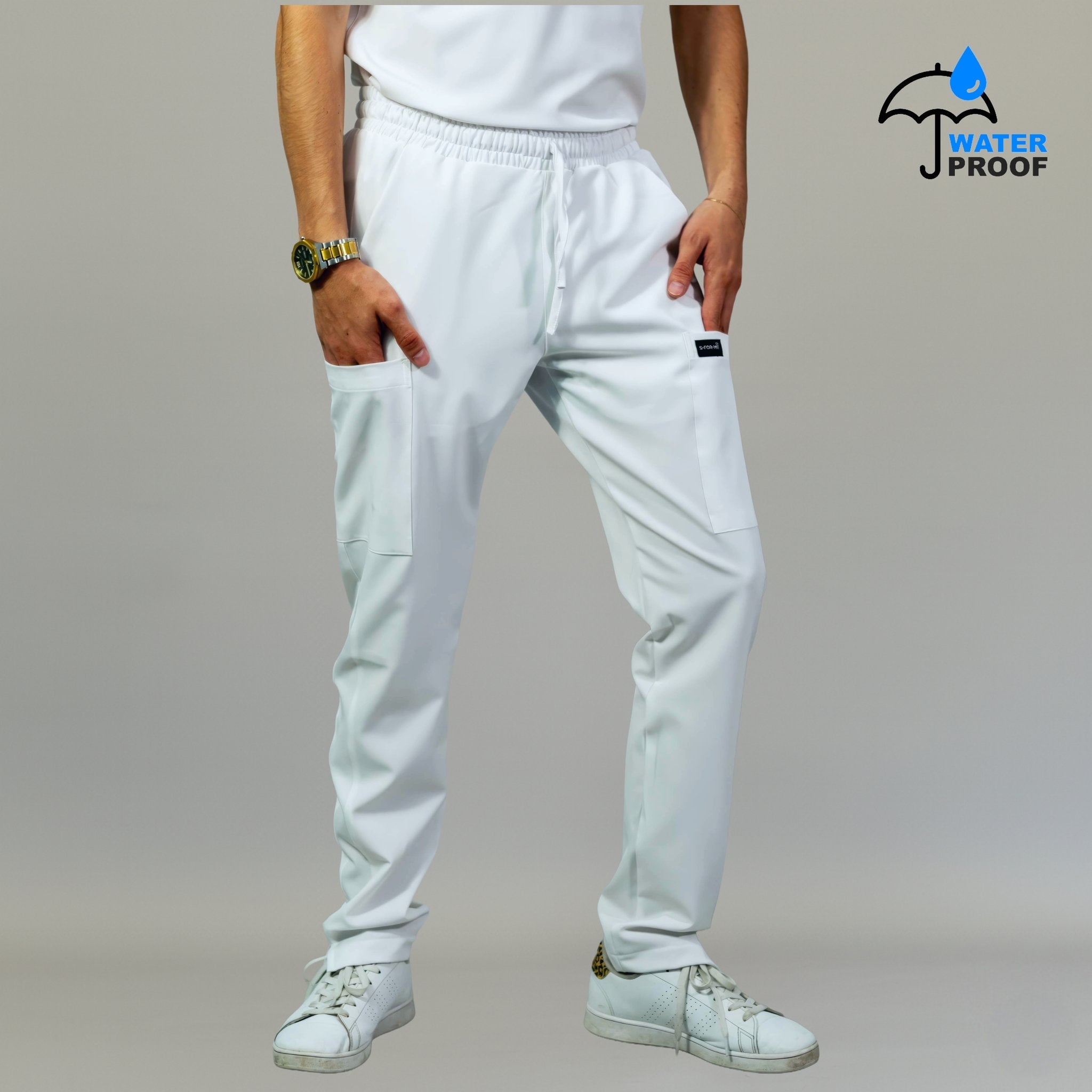 Back view of mens 530 white relaxed-fit scrub pants - SFORME