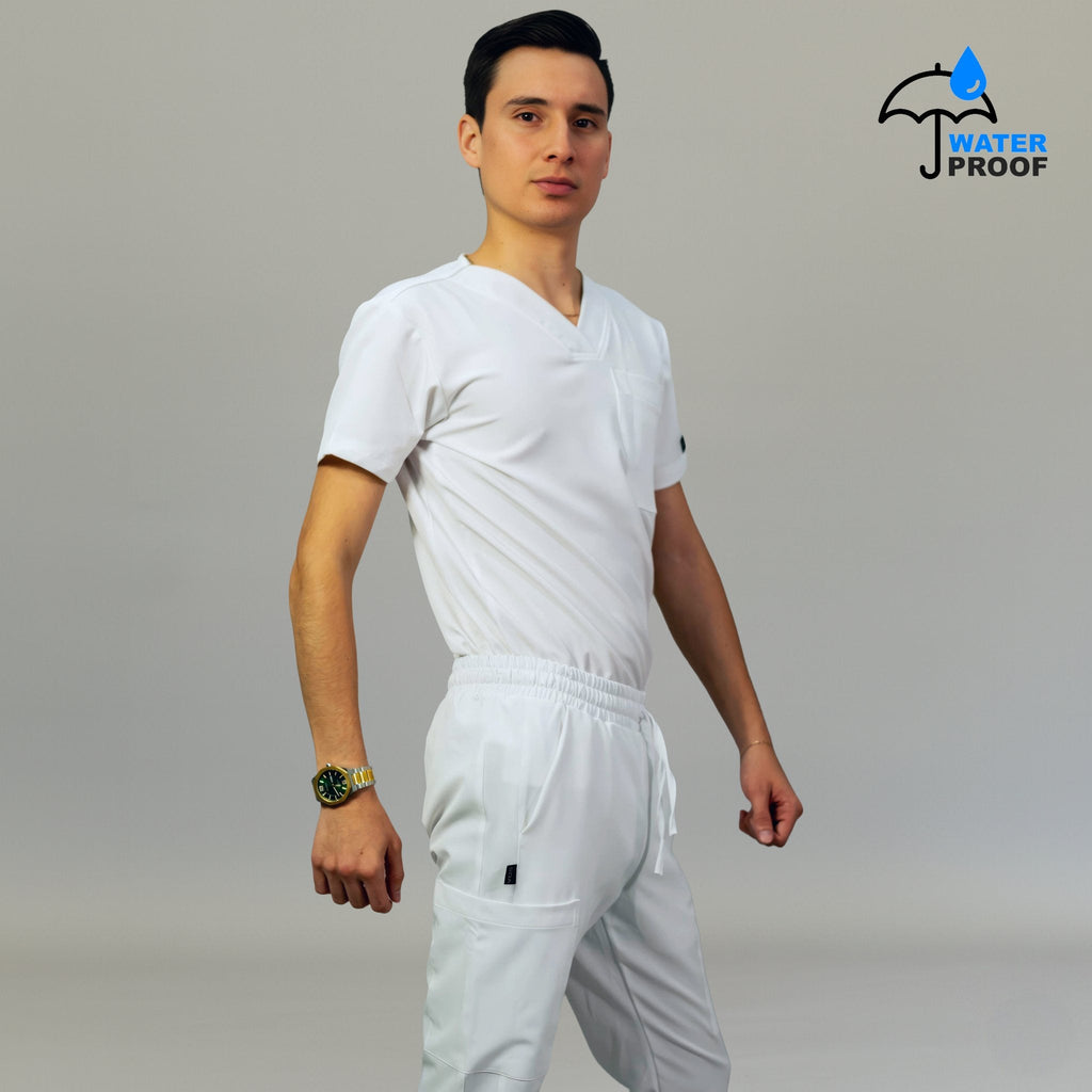 Mens 530 white fluid-resistant lightweight scrub top side view - SFORME