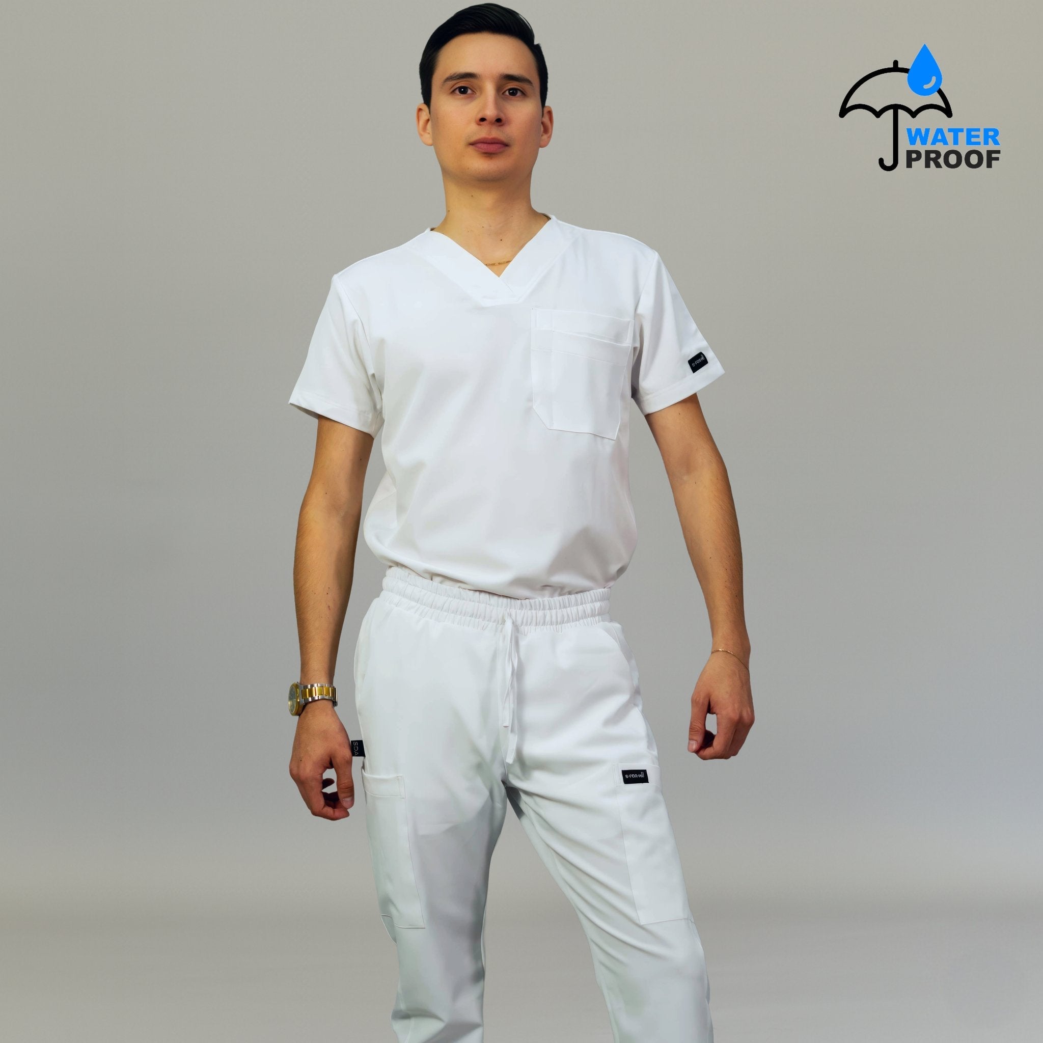 Mens 530 white lightweight scrub top front view - SFORME medical uniforms