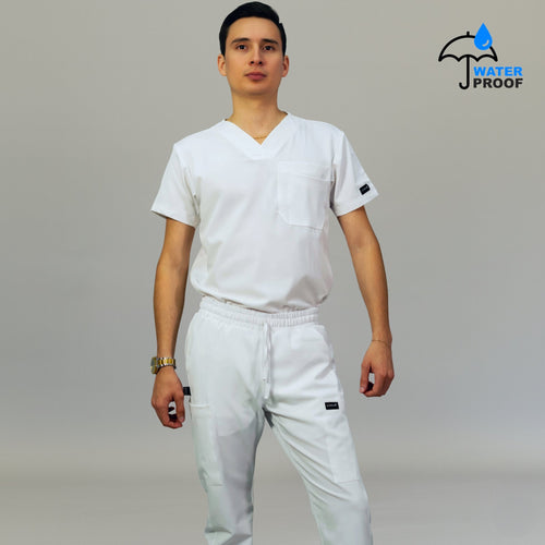 Mens 530 white lightweight scrub top front view - SFORME medical uniforms