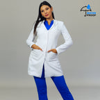 Women’s white contoured lab coat with lower pockets and fluid-resistant fabric
