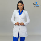 Women’s white contoured fit lab coat front view with buttons and lower pockets