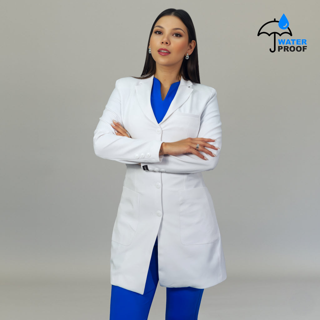 Women’s contoured white lab coat front view with pockets and waterproof finish
