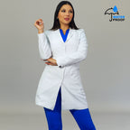 Women’s contoured fit white stretch lab coat with waterproof fabric by S-FOR-ME