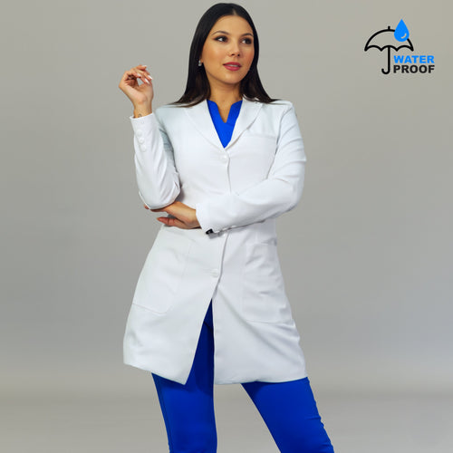 Women’s contoured fit white stretch lab coat with waterproof fabric by S-FOR-ME