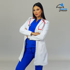 Front view of women’s white lab coat with inner lining and fluid-resistant finish