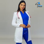 Women’s white stretch lab coat open front with stethoscope and professional fit