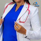 Close-up of women’s white lab coat with lapel chest pocket and waterproof finish