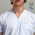 Mens 501 white V-neck scrub top front view - SFORME medical uniforms