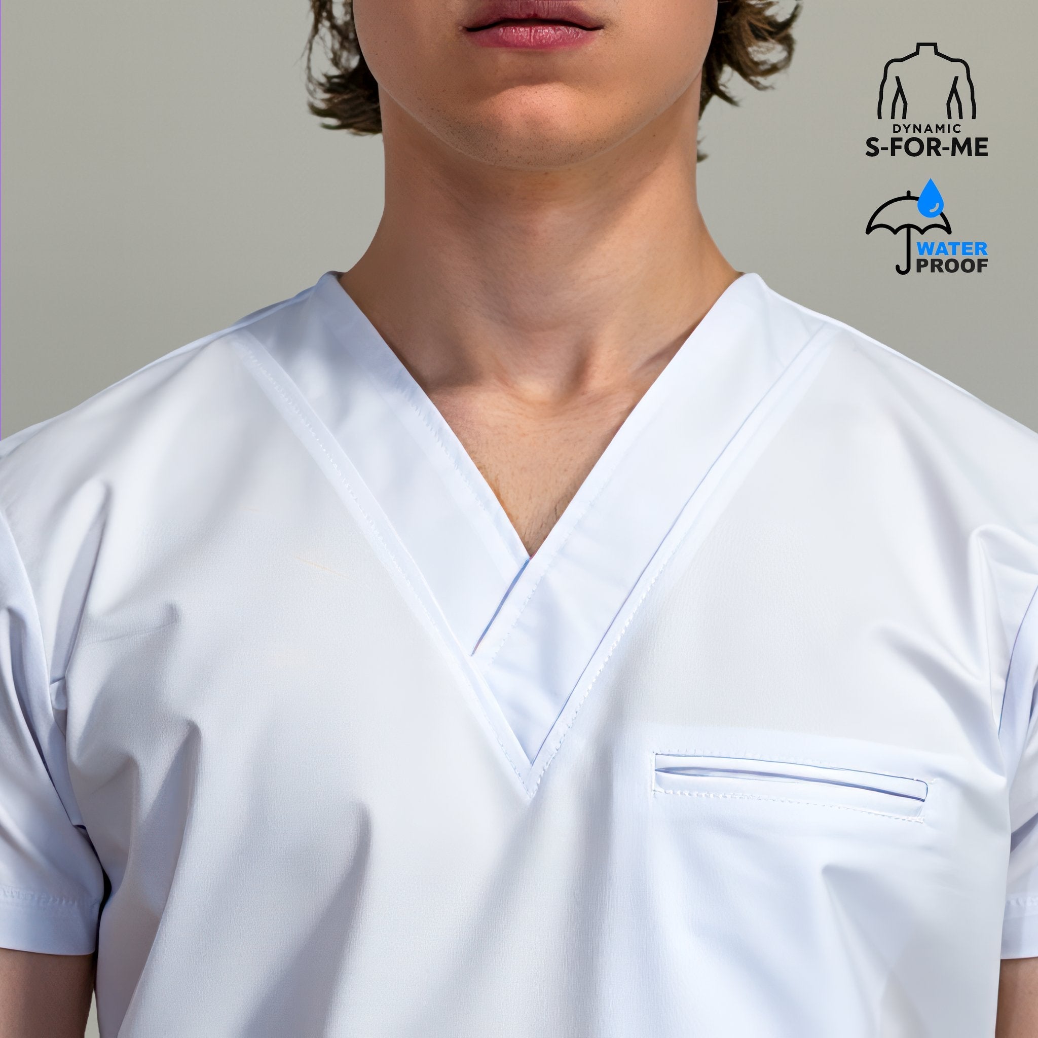 Mens 501 white V-neck scrub top front view - SFORME medical uniforms