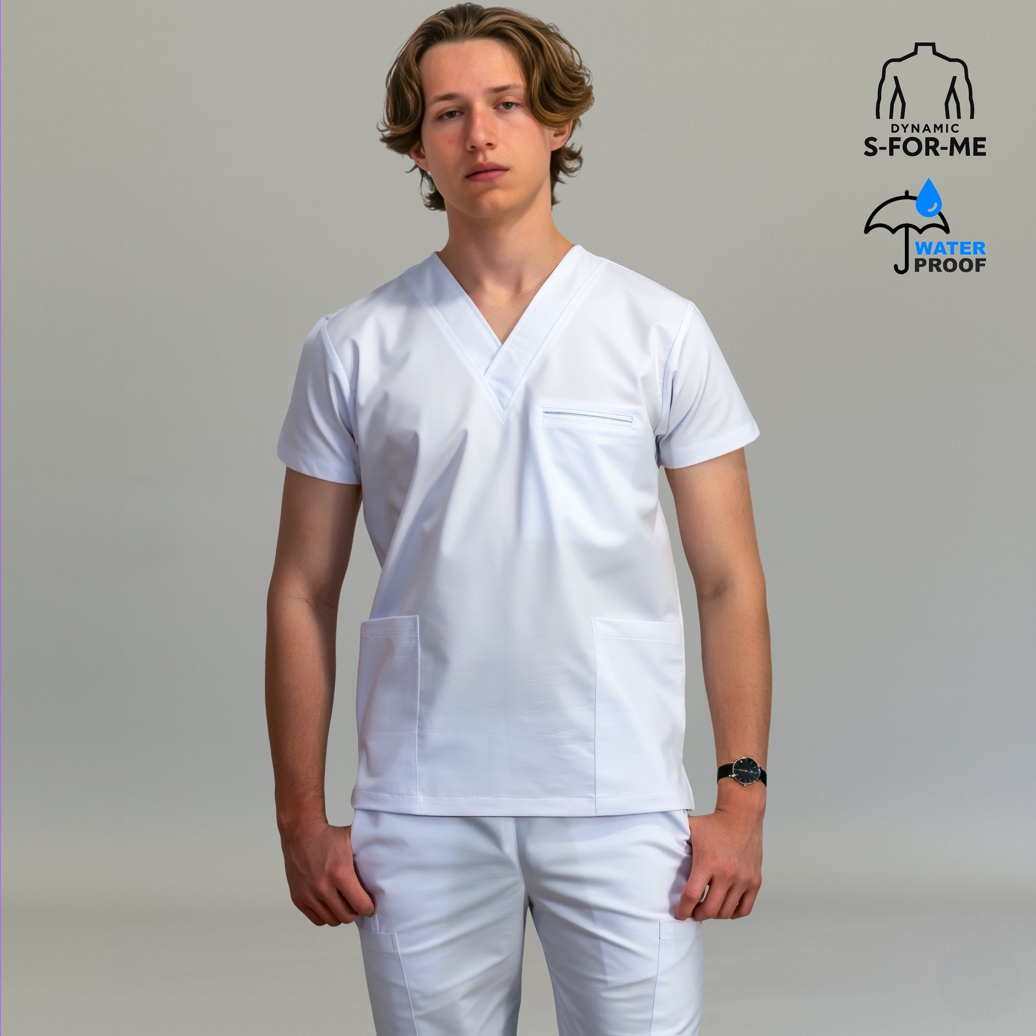 Mens 501 white fluid-resistant V-neck scrub top side view - SFORME