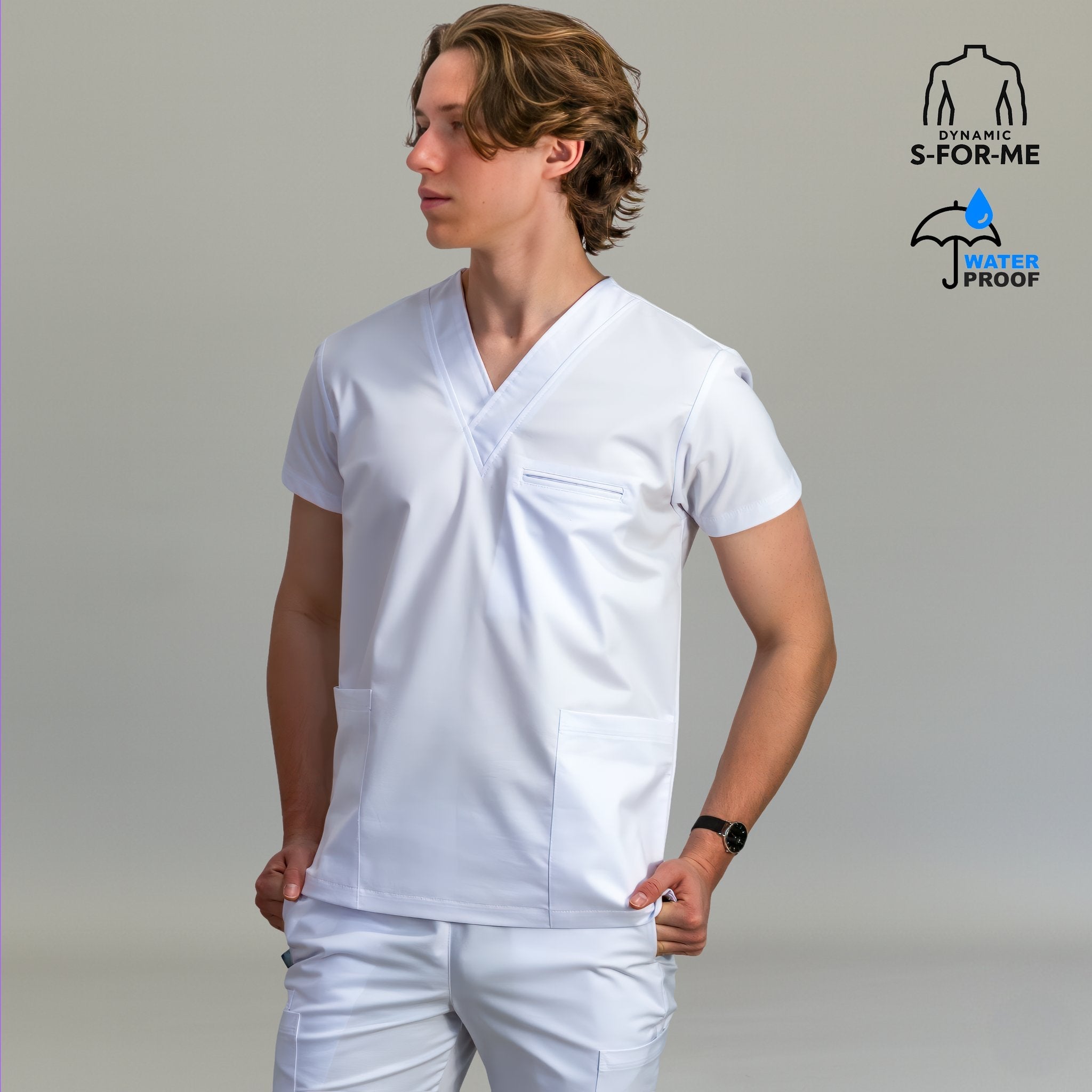 Mens 501 white V-neck scrub top with front pockets - SFORME