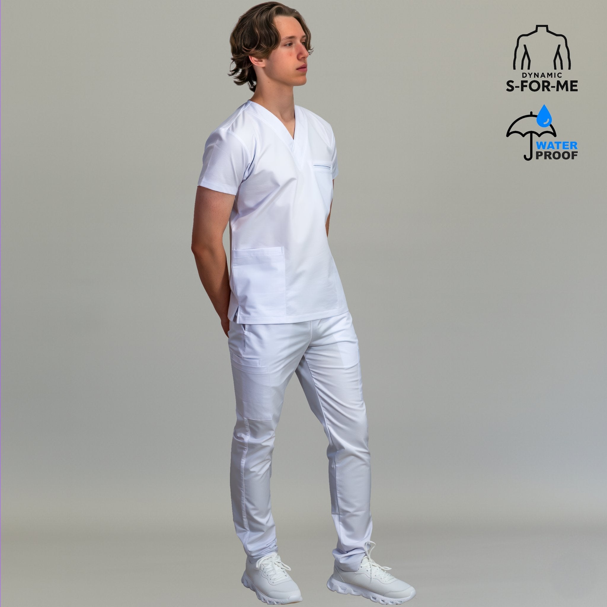 Mens 501 white medical scrub top detail - SFORME