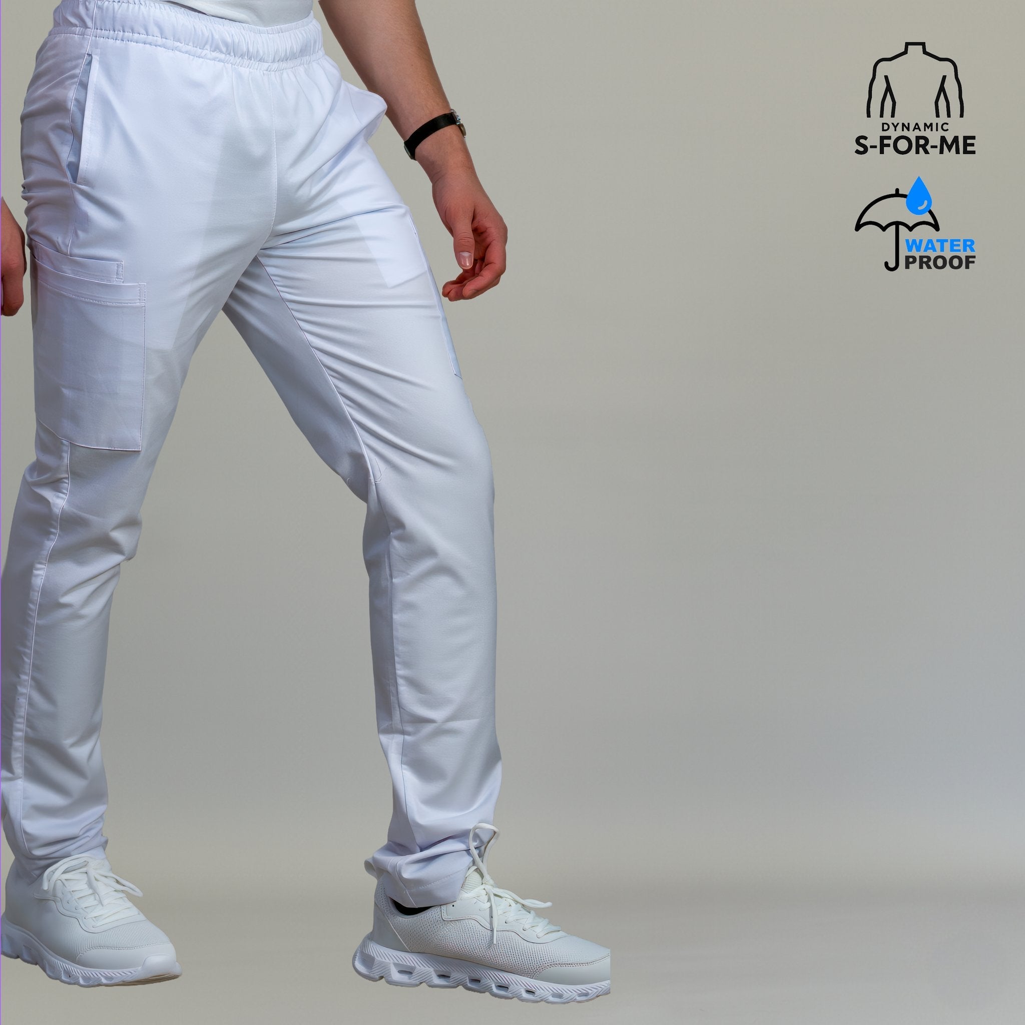 Mens Alviero white five-pocket scrub pants front view - SFORME medical uniforms