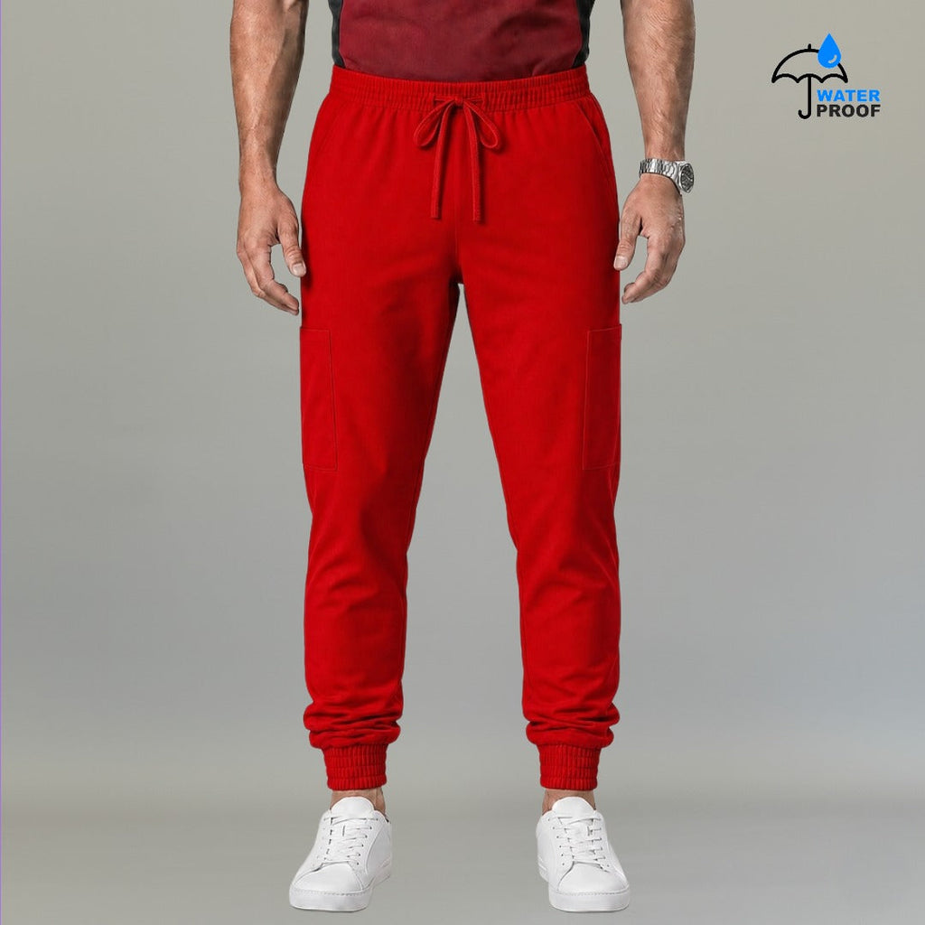 Mens 501 red jogger scrub pants front view with drawstring waist, cargo pockets and cuffed ankles - SFORME