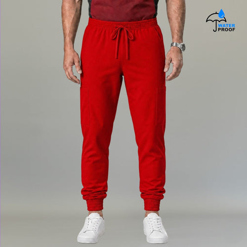 Mens 501 red jogger scrub pants front view with drawstring waist, cargo pockets and cuffed ankles - SFORME