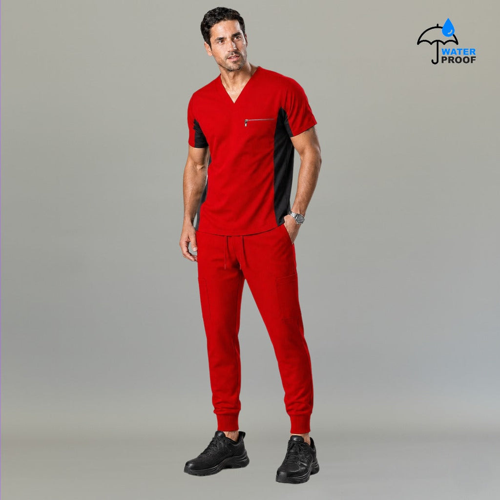 Mens red 501 jogger scrub pants worn with matching red and black scrub top, full outfit view - SFORME