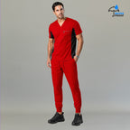 Mens red 501 jogger scrub pants worn with matching red and black scrub top, full outfit view - SFORME