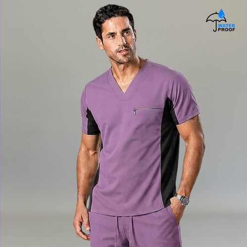 Mens lilac and navy 501 scrub top with V-neck and zip chest pocket, three-quarter front view - SFORME