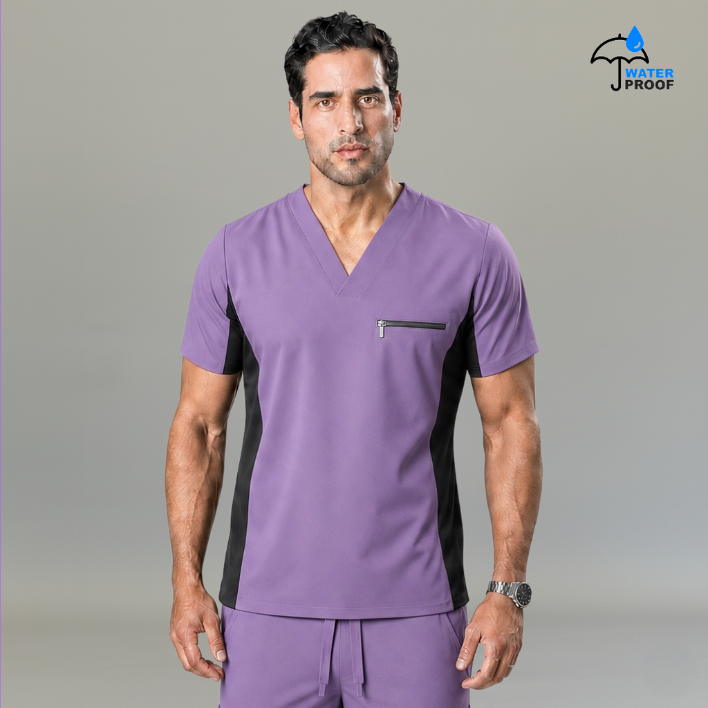 Mens 501 lilac and navy scrub top front view with V-neck, side panels and zip chest pocket - SFORME