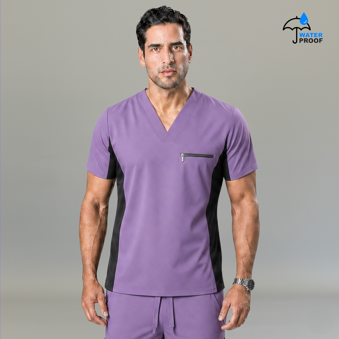 Mens 501 lilac and navy scrub top front view with V-neck, side panels and zip chest pocket - SFORME