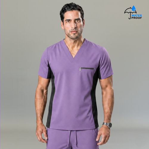 Mens 501 lilac and navy scrub top front view with V-neck, side panels and zip chest pocket - SFORME