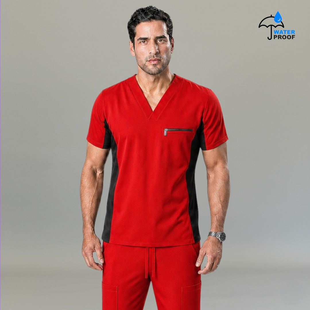 Front view of mens 501 red and black V-neck scrub top with zip chest pocket - SFORME