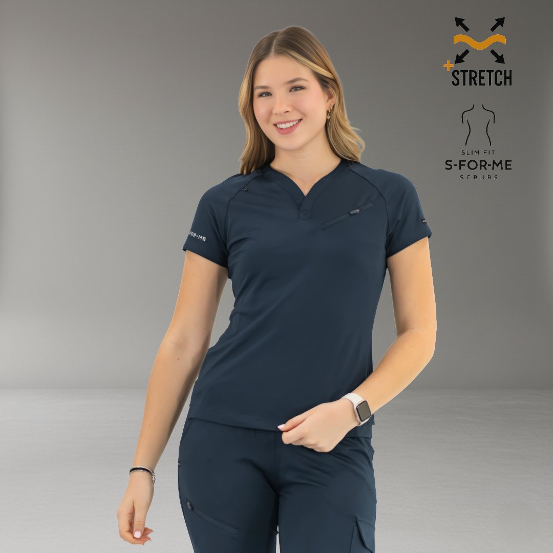 Women’s 905 navy blue super stretch scrub top relaxed front view