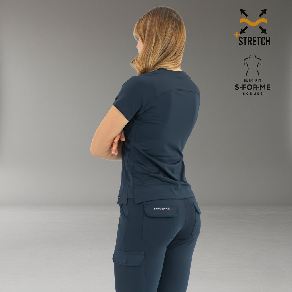 Back and side view of women’s navy blue 905 super stretch scrub top