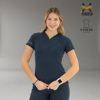 Women’s navy blue slim fit scrub top front view for healthcare uniforms