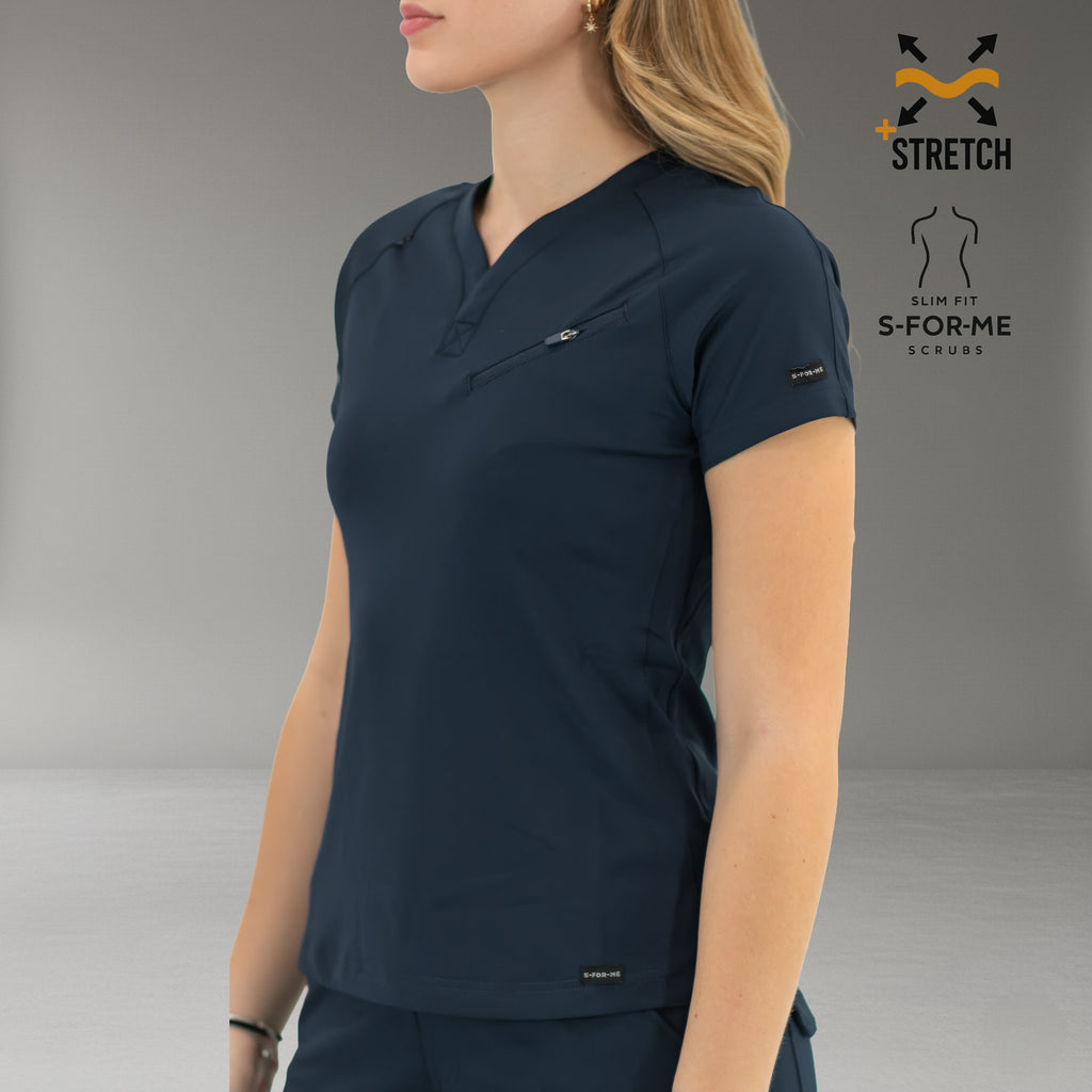 Close-up of women’s navy blue scrub top V-neck and short sleeves