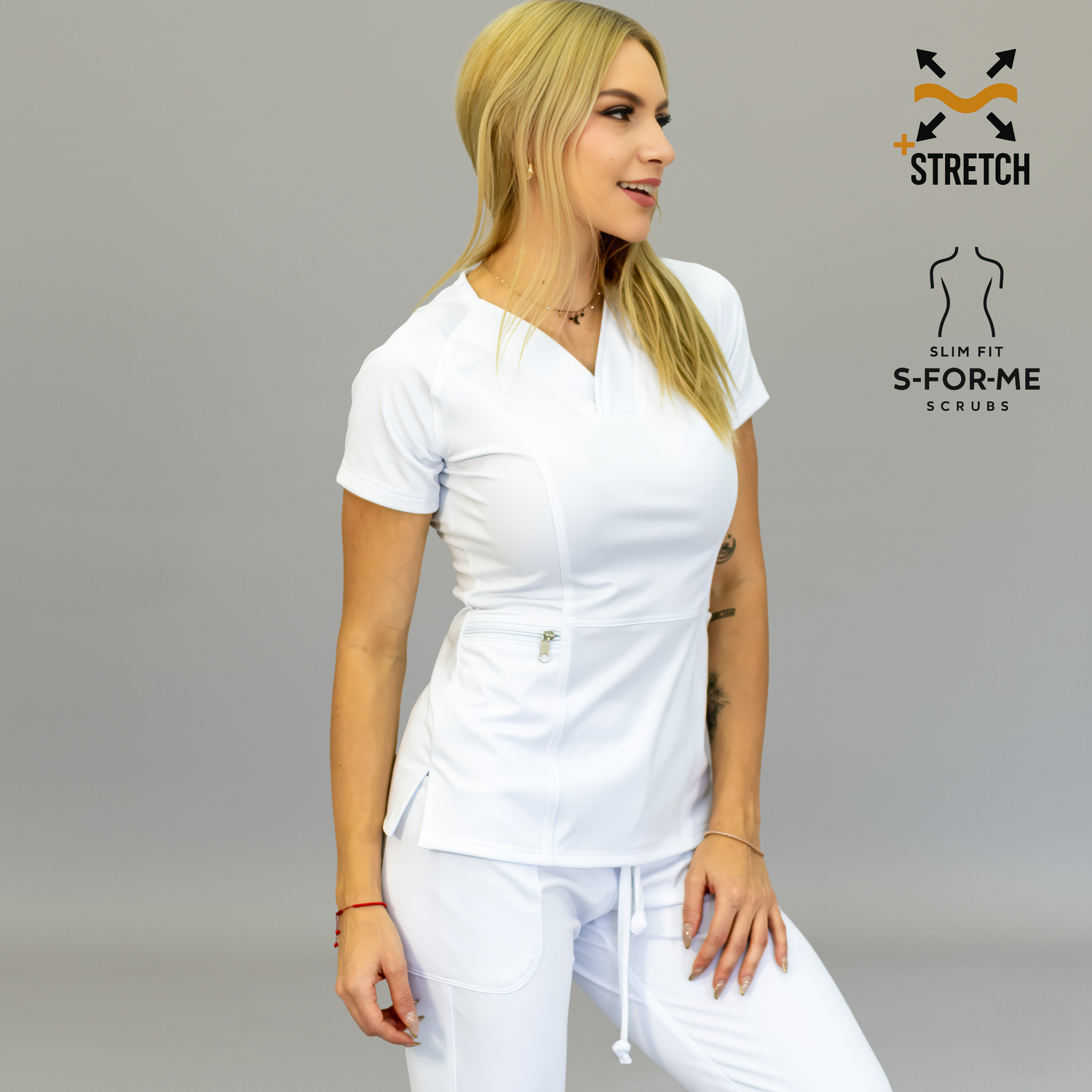 white scrub top