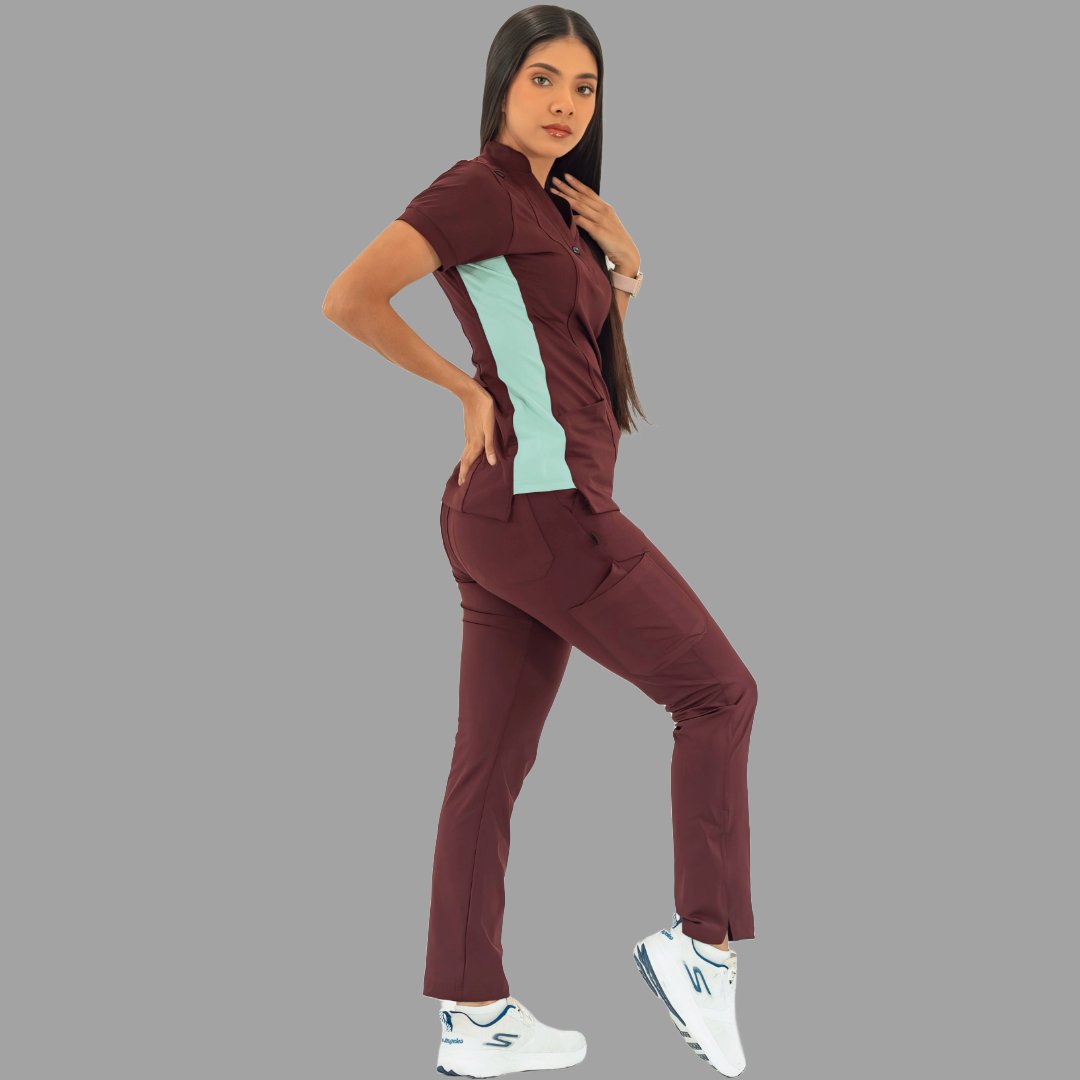 S-FORME Women's Top 930 Maroon/Brook Green scrub top lifestyle product image