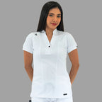 Women's white Style 930 scrub top, front view, model looking straight ahead.