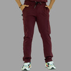 S-FOR-ME men’s maroon scrub pants showing stretch fit and side cargo pockets