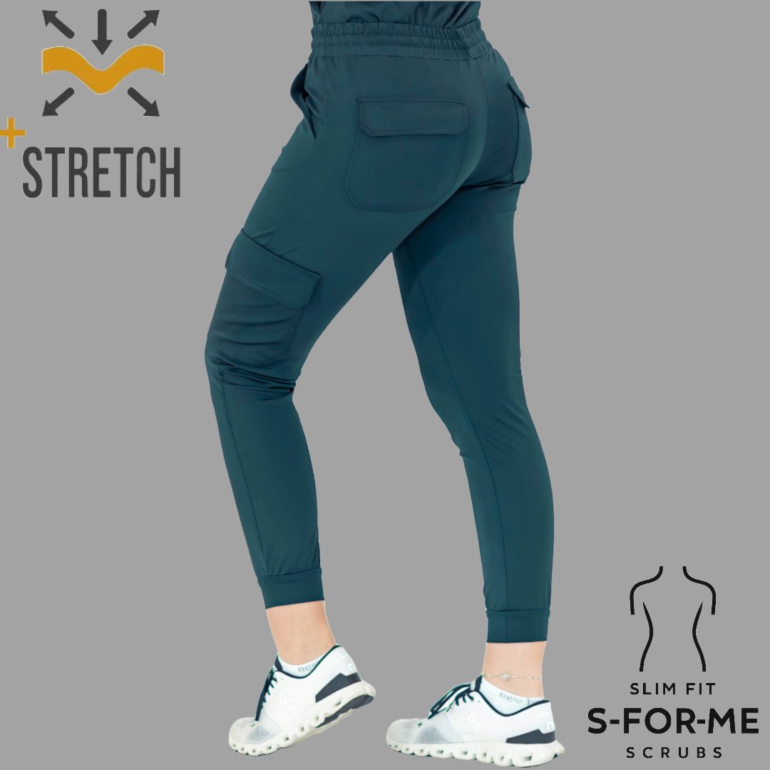 Rear angled view of Women’s Airforce Blue super stretch scrub pants with jogger cuffs