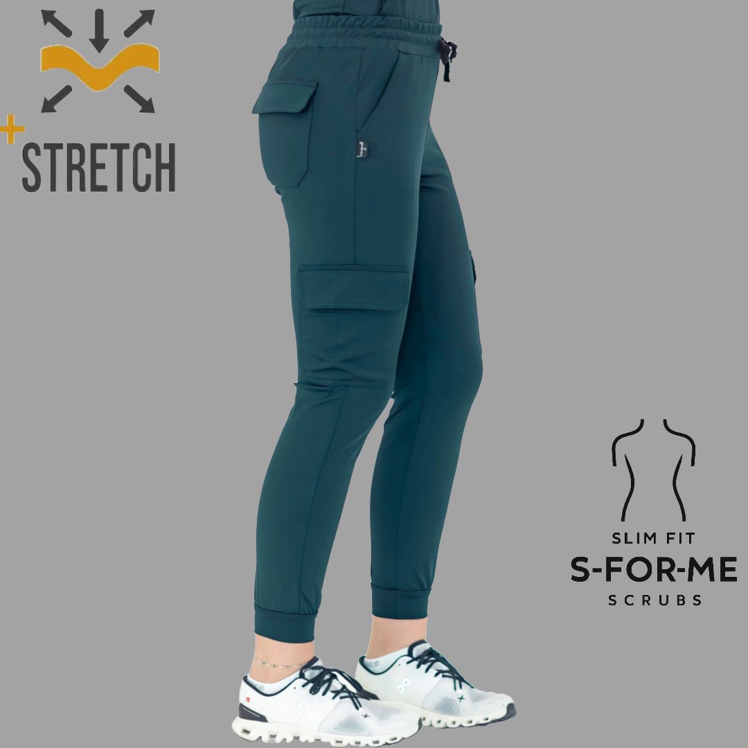 Back and side view of Women’s Airforce Blue scrub jogger pants with cargo pocket detail