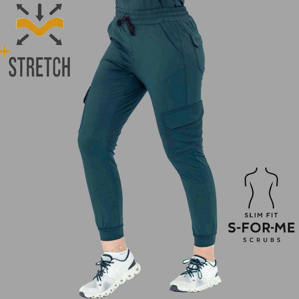 Women’s Pants 910 Airforce Blue scrub pants angled view with cargo pockets and slim stretch fit