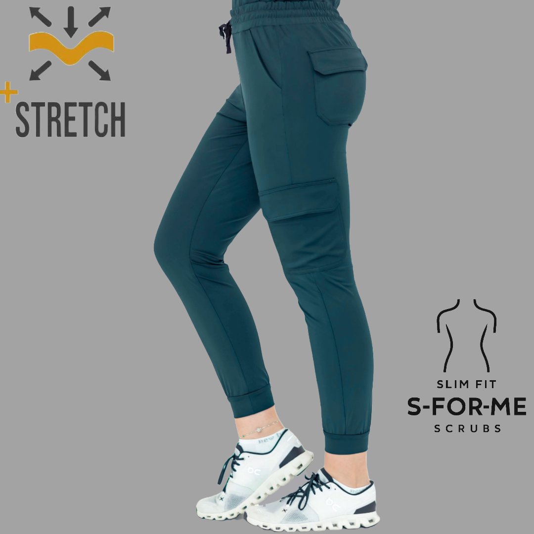 Side view of Women’s Pants 910 Airforce Blue super stretch scrub pants with tapered jogger ankle